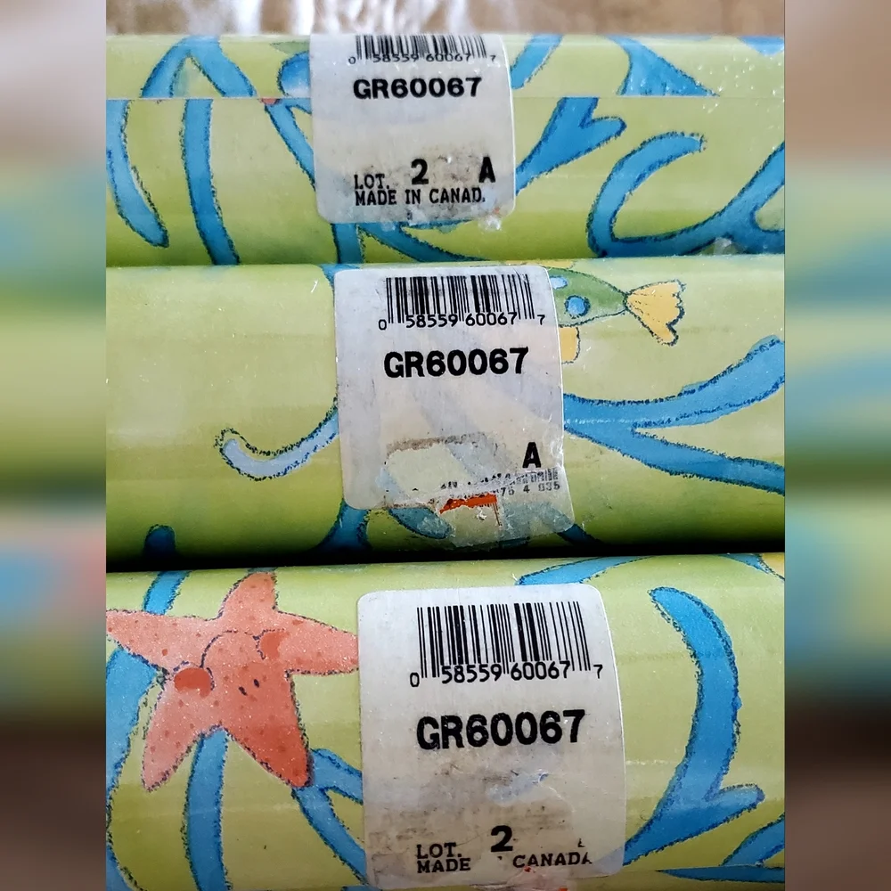 Vintage Norwall 3 Rolls 55.7sq.ft. Each, Lime/Blue Ocean Fish Wallpaper, NWT